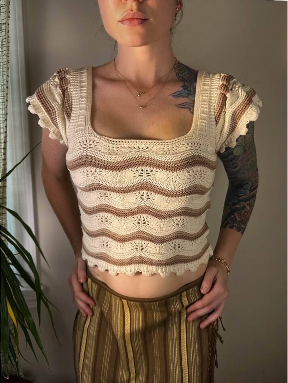 Jessica Simpson Cotton Crochet Flutter Sleeve Top XS Cream Brown